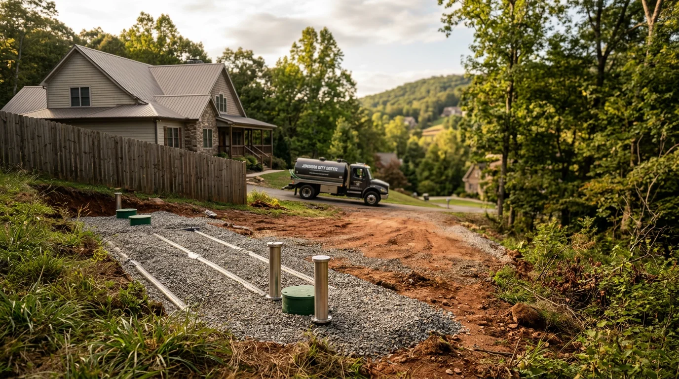 Septic tank service truck at residential property in Johnson City Tennessee
