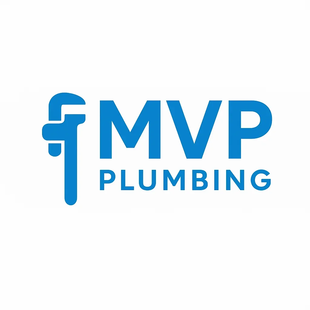 MVP Plumbing logo with blue wrench icon and bold sans-serif lettering
