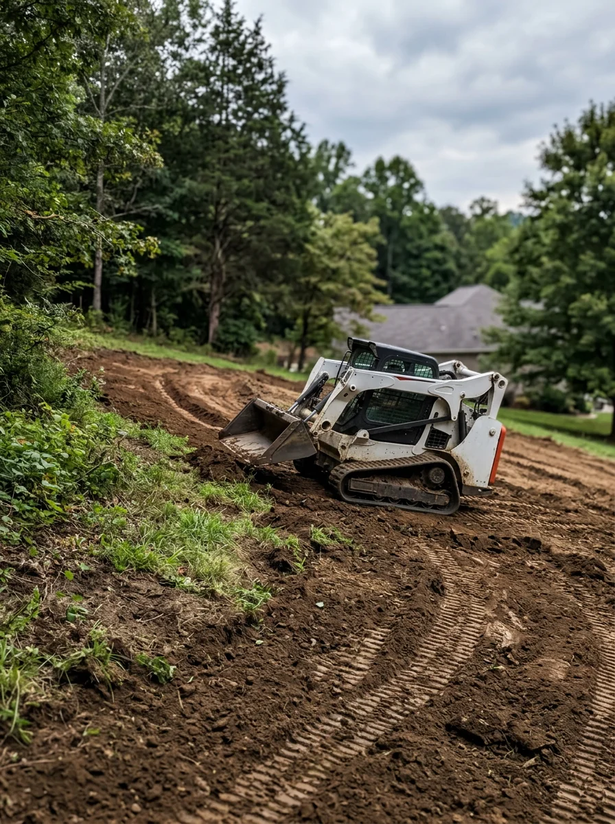 Grading work on a sloped residential lot in Bristol, TN, with a track loader reshaping the terrain for proper drainage.