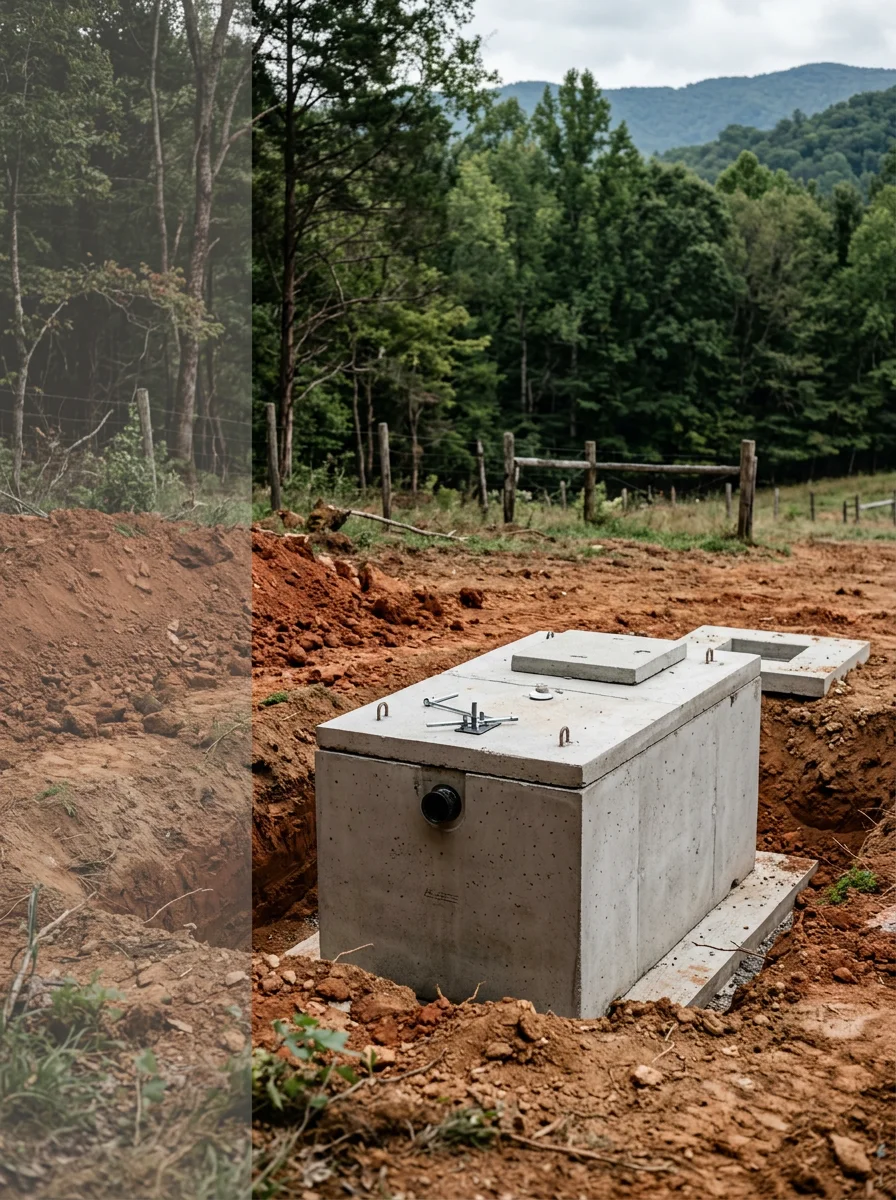 Septic tank being set on a rural Carter County property after excavation, surrounded by cleared wooded mountain terrain.