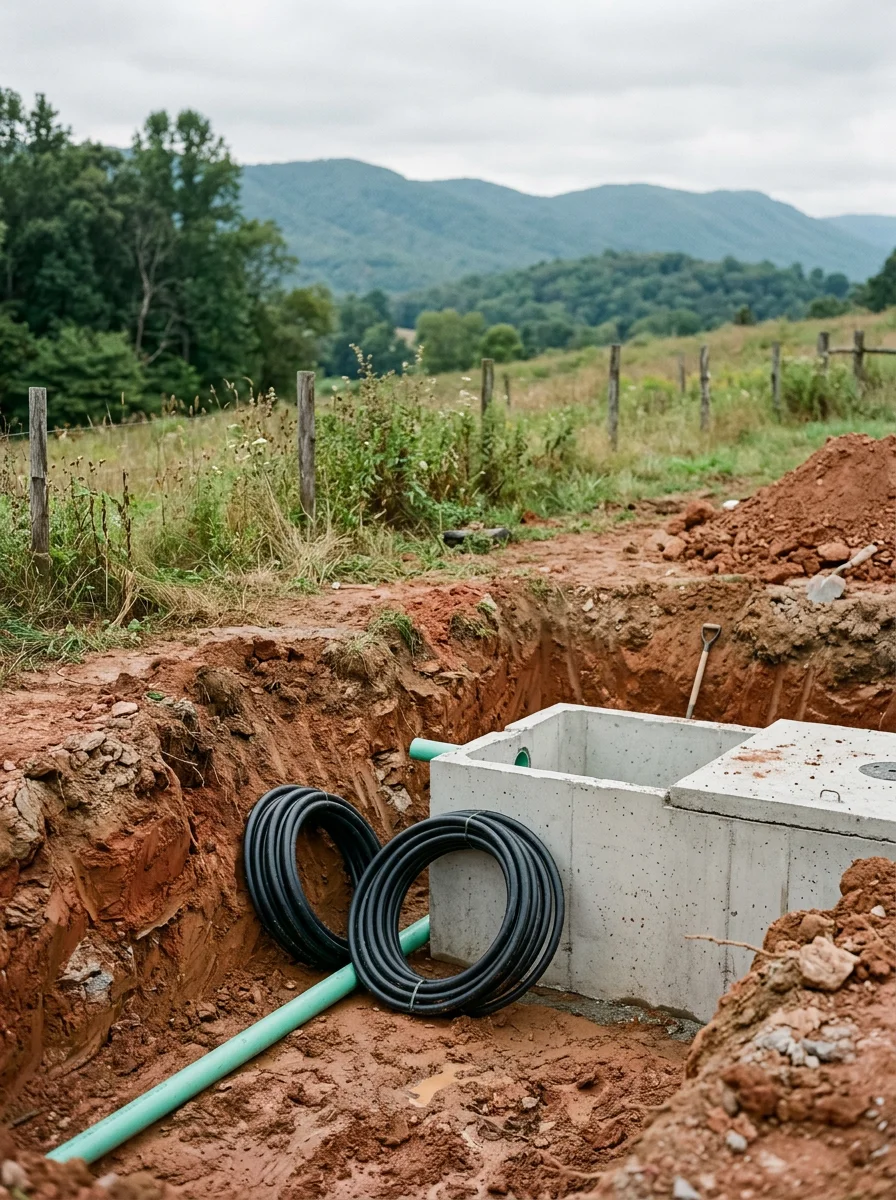Septic tank installation on a Carter County property near Elizabethton, with excavated red clay soil and mountain terrain in the background.