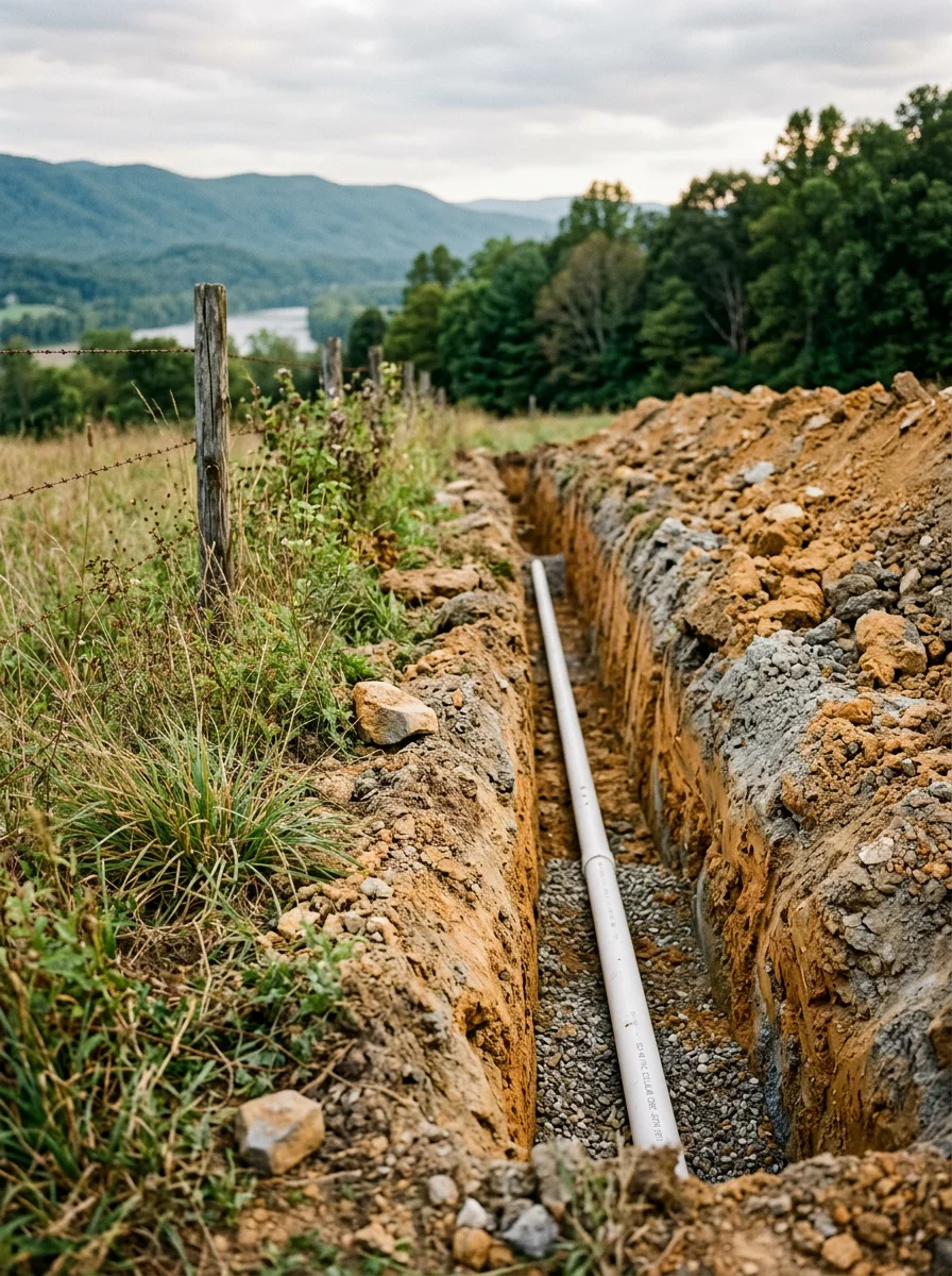 Drain field trench excavation on a Greene County rural parcel, showing saturated clay soil and the Nolichucky River valley in the distance.