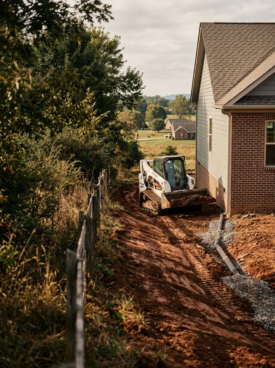 Grading work near a Greeneville home foundation, with a track loader reshaping clay soil to redirect surface drainage away from the structure.