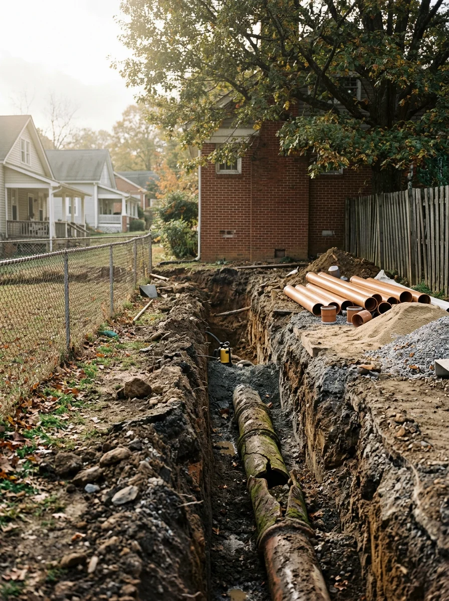 Exposed sewer line trench in an older Johnson City neighborhood, showing clay pipe replacement work in progress.