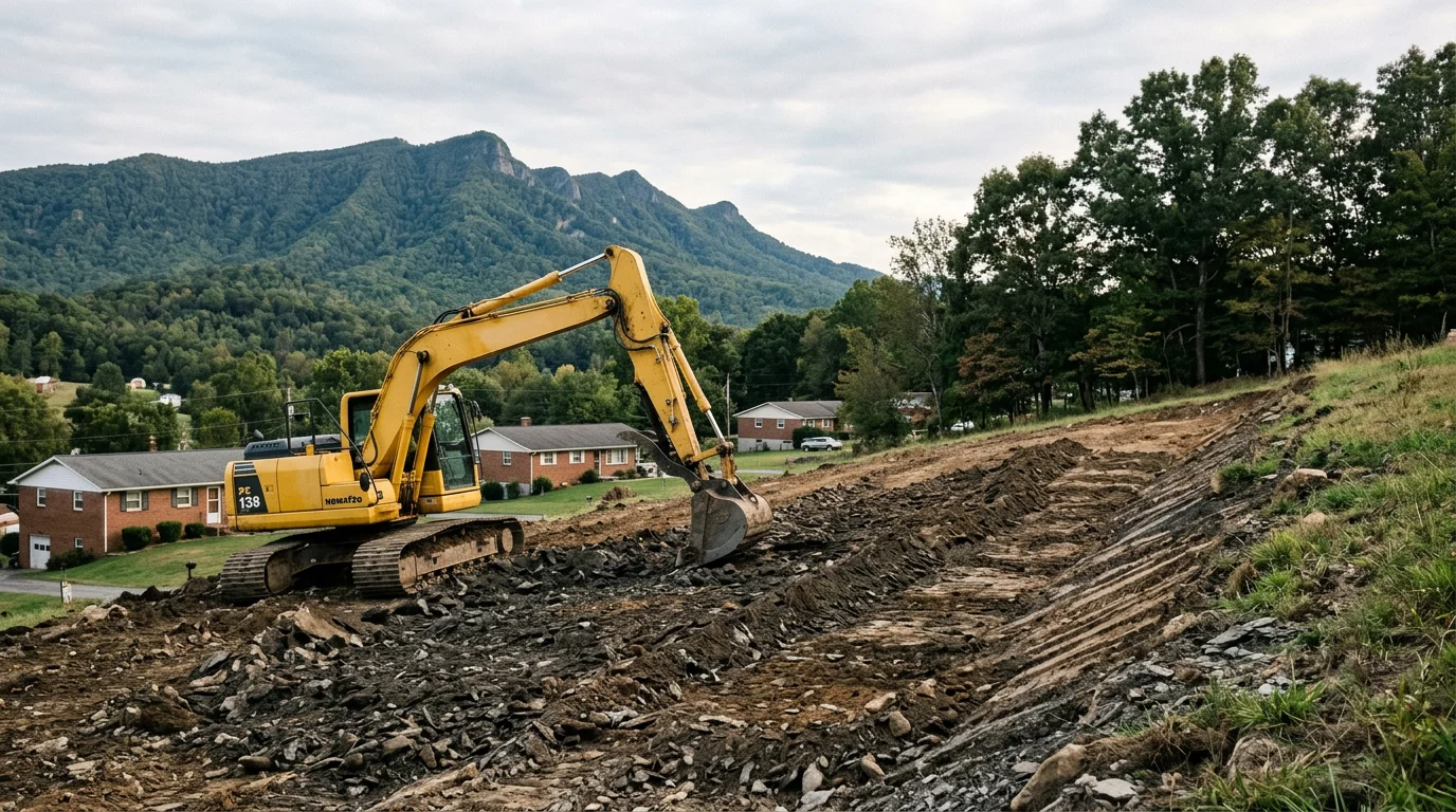 Excavator grading a sloped residential lot in Johnson City, Tennessee, with Buffalo Mountain visible in the background.