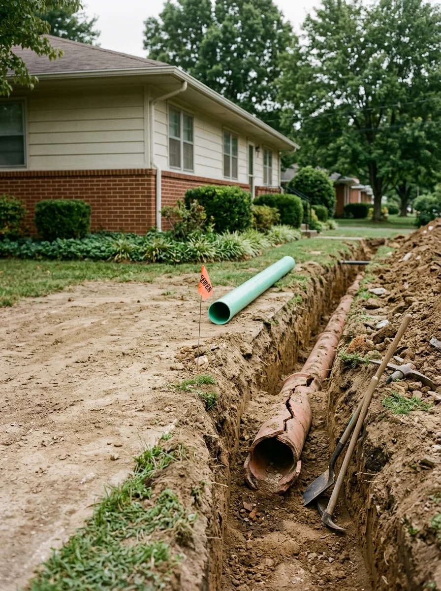 Exposed sewer pipe trench in a Kingsport mid-century neighborhood, showing cracked clay pipe being removed and replaced.