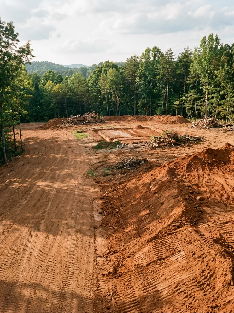 Graded building site on a wooded Washington County parcel after land clearing, showing exposed red clay soil ready for site prep.