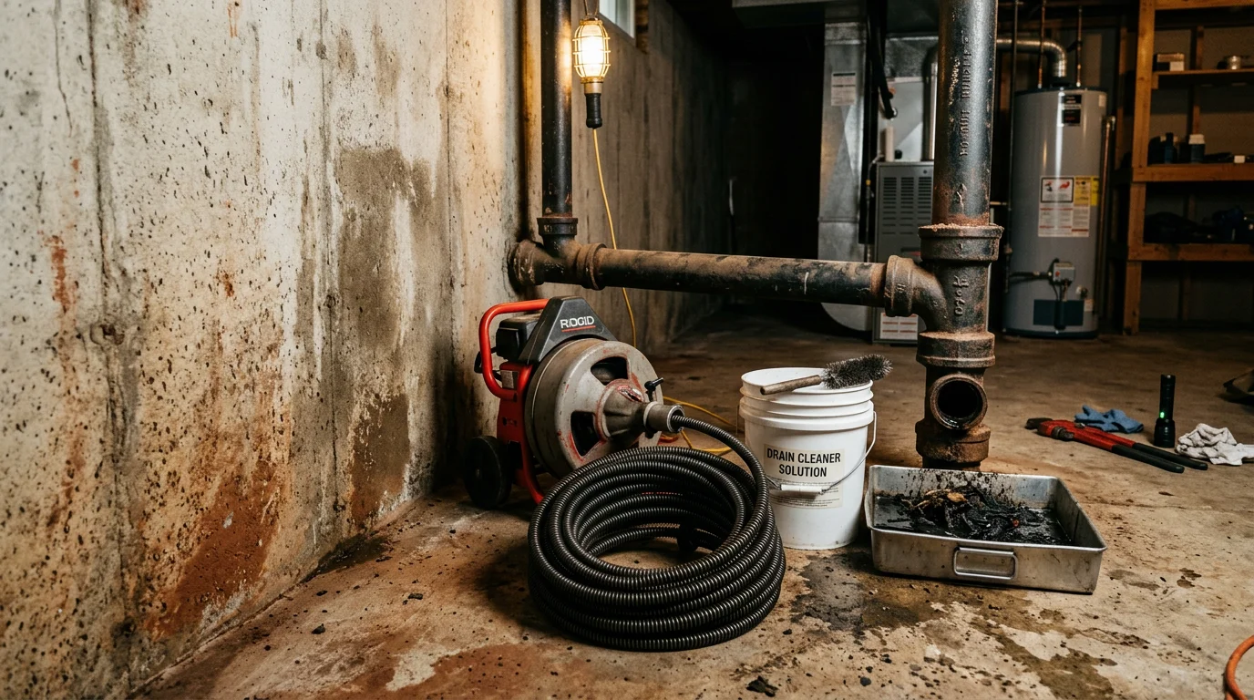 A plumber clearing a blocked drain line beneath a residential sink in a Johnson City, Tennessee home. The drain pipe is visible under the cabinet with a drain snake inserted to remove a clog.