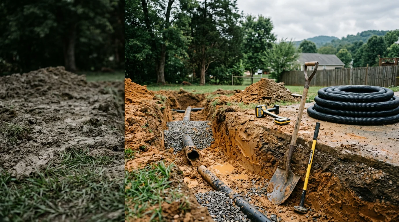 A repaired residential drain field in Johnson City, Tennessee with freshly graded soil and restored ground cover after heavy equipment excavation. The surrounding yard shows no standing water or surface sewage, indicating a properly functioning septic drain field.