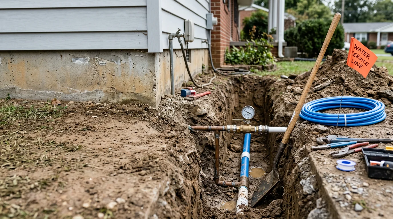 A plumber from MVP Plumbing working at an excavated water line access point in a residential yard in Johnson City, Tennessee. The image shows exposed underground supply line pipe with heavy equipment visible in the background.