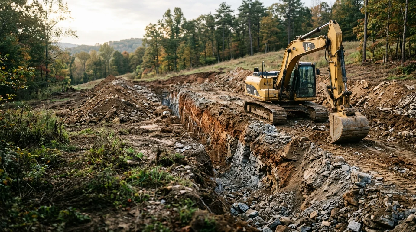 Heavy excavation equipment digging a trench on a sloped residential property in Johnson City, Tennessee. Rocky clay soil is visible along the trench walls with surrounding wooded East Tennessee hillside in the background.