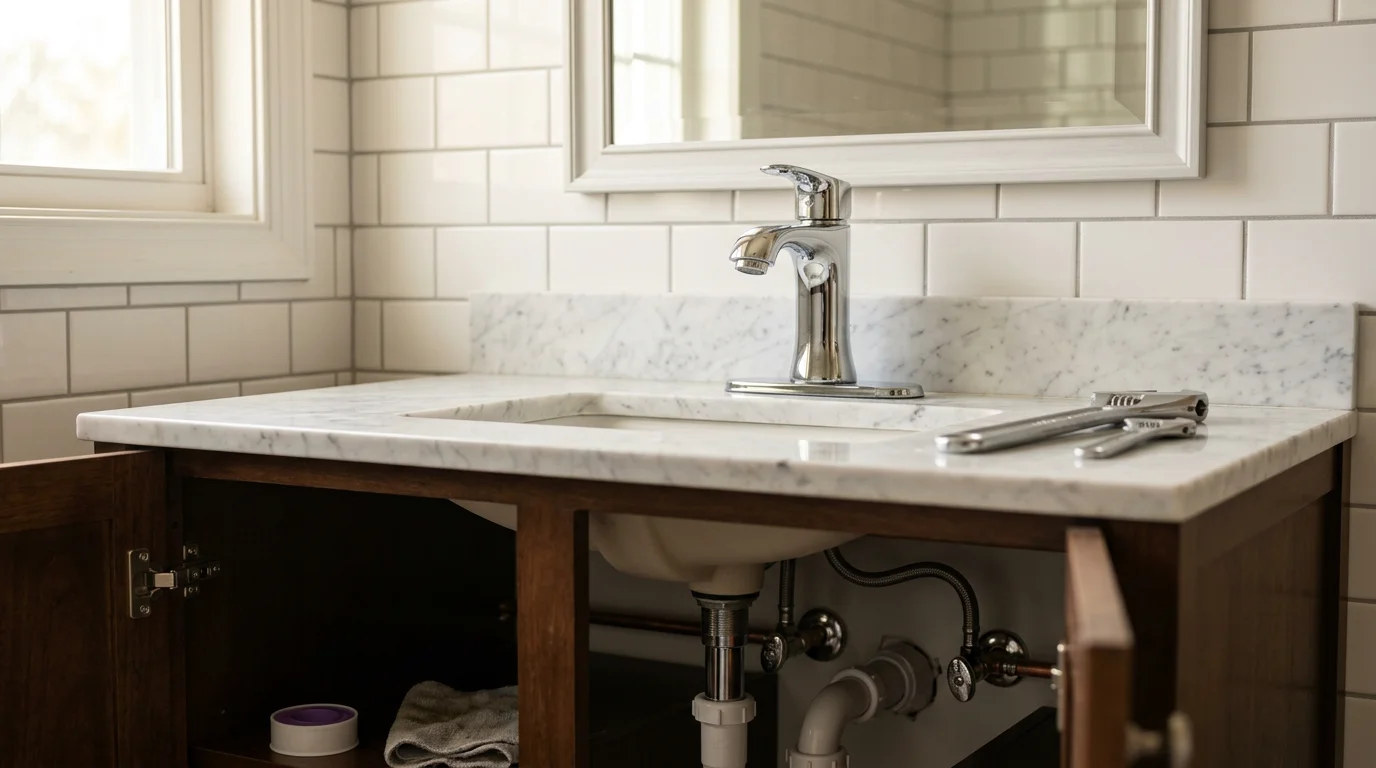 A newly installed bathroom sink and faucet in a residential home in Johnson City, Tennessee, with clean supply line connections visible beneath the vanity. The fixture sits flush against the countertop with no gaps, showing a completed professional plumbing installation.