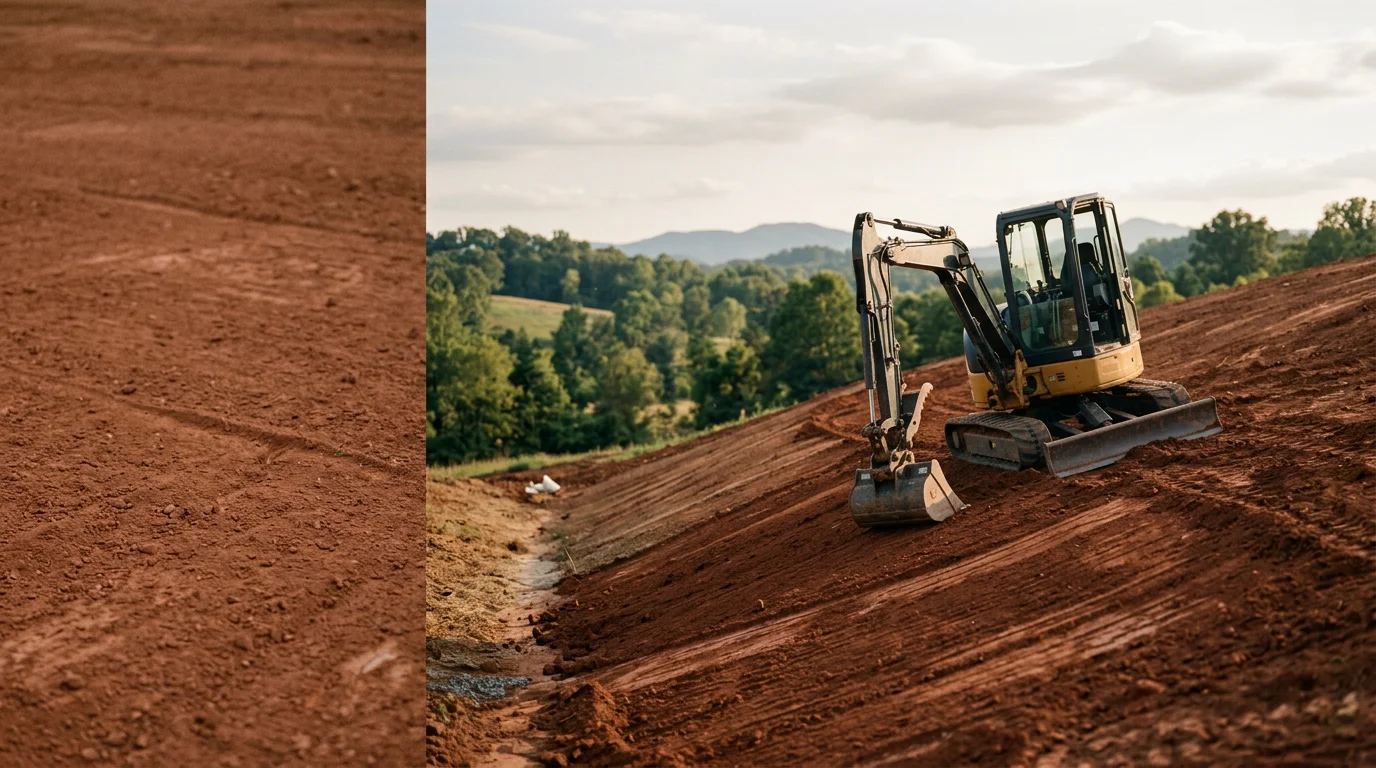Heavy equipment operator grading and leveling a residential lot in Johnson City, TN, with freshly contoured soil sloped away from a building pad. Rolling East Tennessee terrain visible in the background.