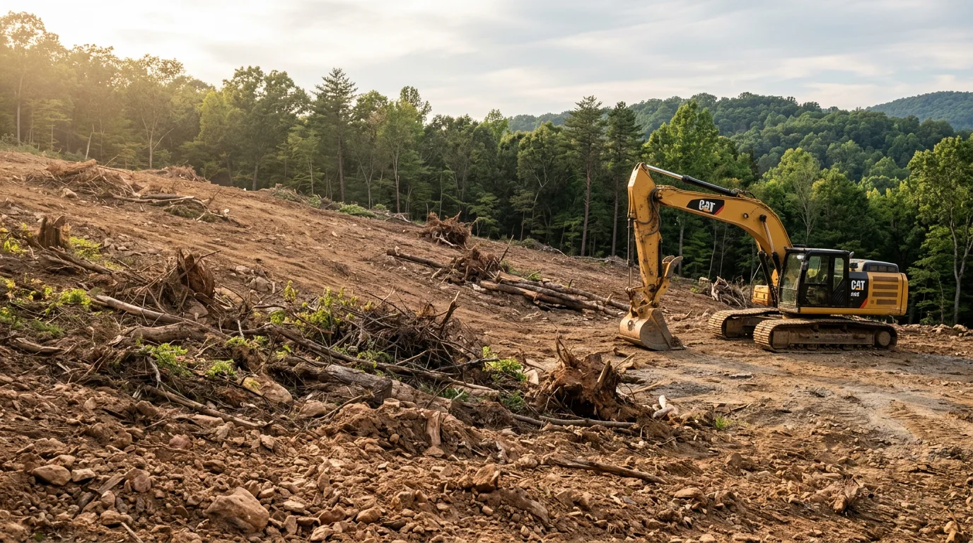 Heavy equipment clearing dense trees and brush from a sloped residential lot in Johnson City, Tennessee. The foreground shows freshly cleared ground with East Tennessee hardwood terrain visible in the background.