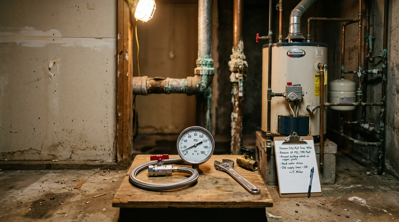 A plumber inspecting supply line connections and a water heater in a residential utility room in Johnson City, Tennessee. The image shows hands-on maintenance work being performed on visible pipe fittings and valve components.