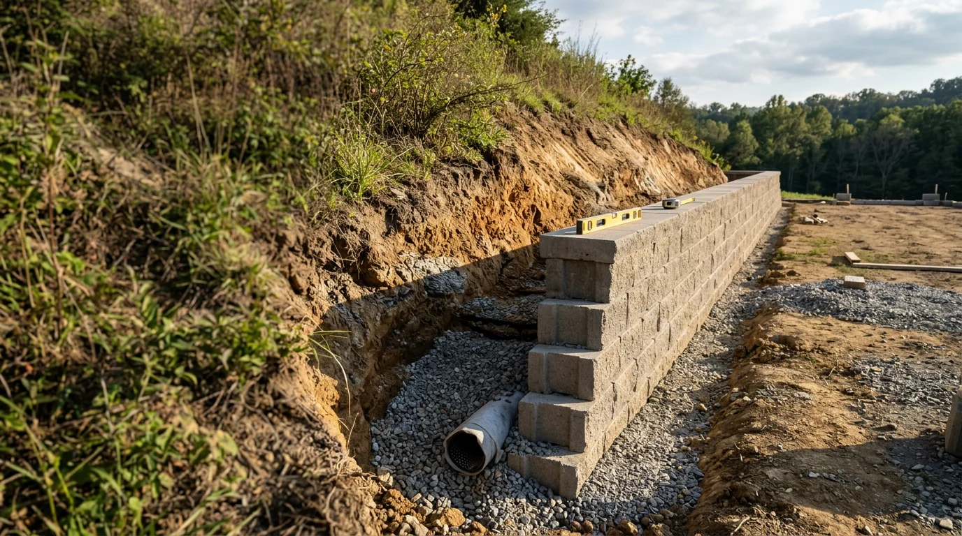 A newly constructed retaining wall holding back a sloped hillside on a residential property in Johnson City, TN, with compacted gravel drainage visible behind the wall and a level yard area in the foreground.