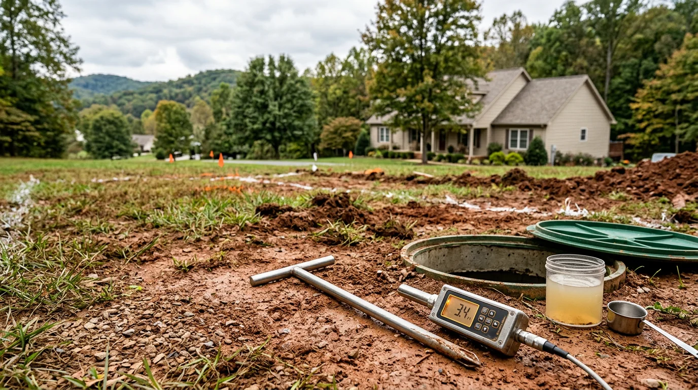 MVP Plumbing technician inspecting a residential septic system access point in Johnson City, TN, with surrounding East Tennessee terrain visible in the background. The image shows an open tank lid and evaluation of the system components during a routine septic inspection.