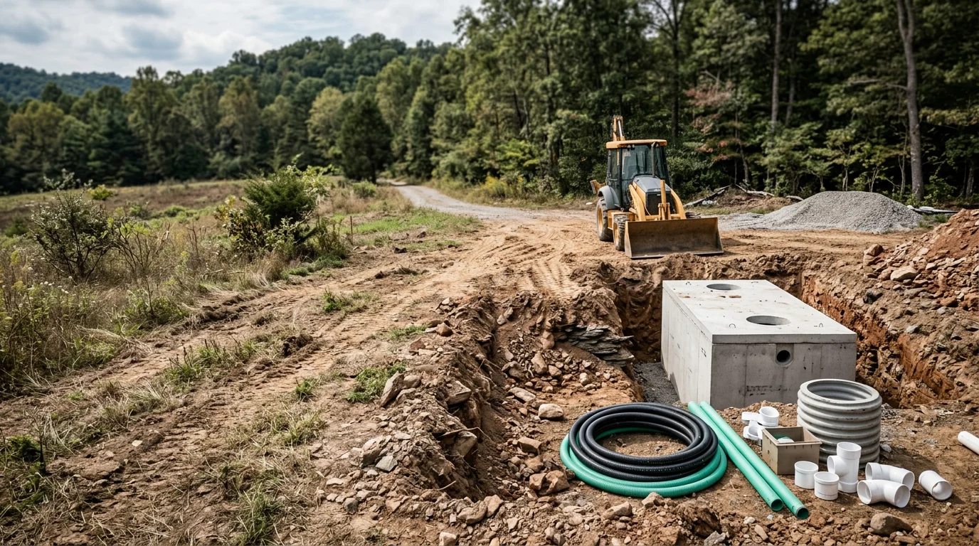 A septic tank being set into an excavated pit on a rural residential property in Johnson City, Tennessee, with heavy equipment positioned alongside the trench on sloped terrain.