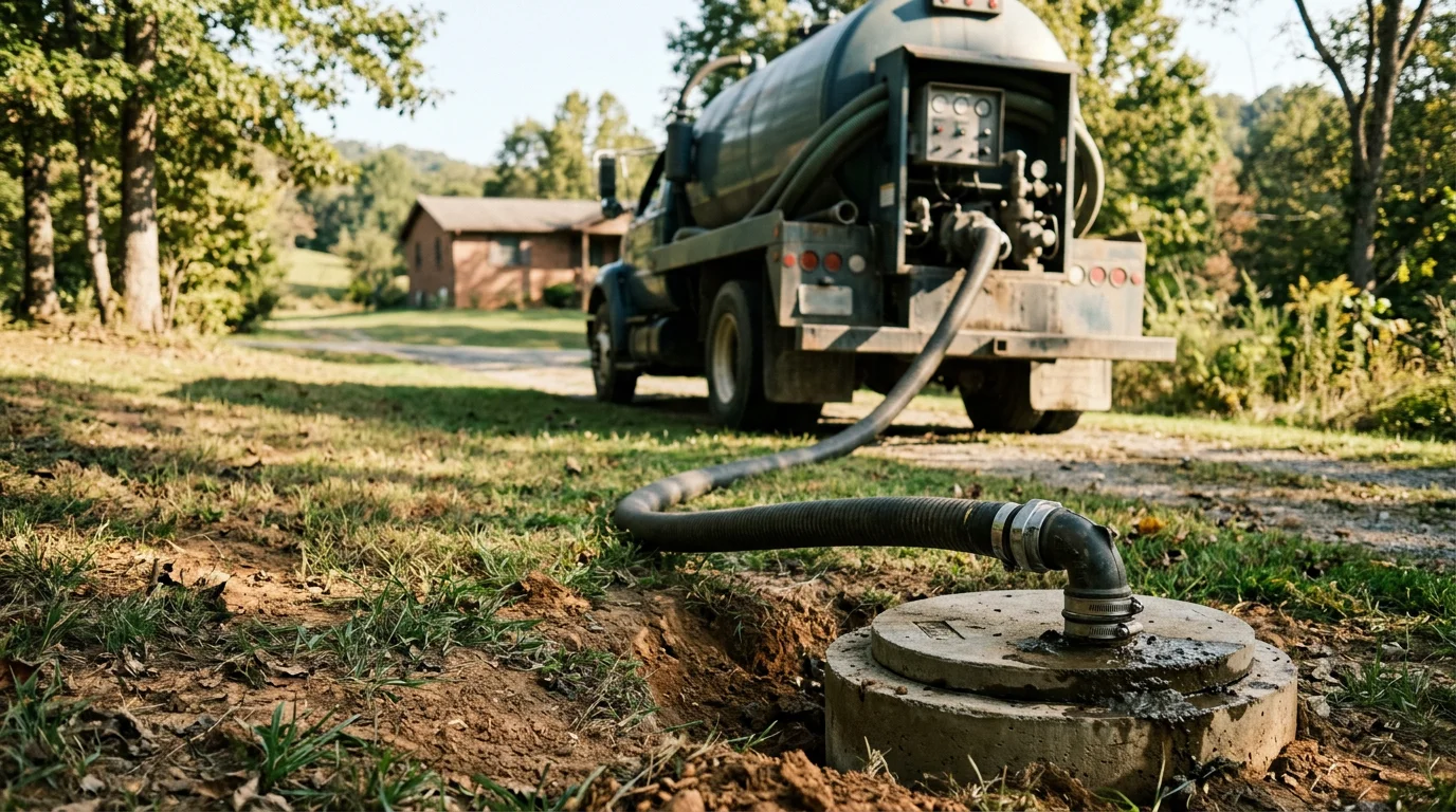 A septic tank pump-out in progress at a rural residential property in Johnson City, Tennessee, with a service truck and hose connected to an open tank access lid in a grassy yard.