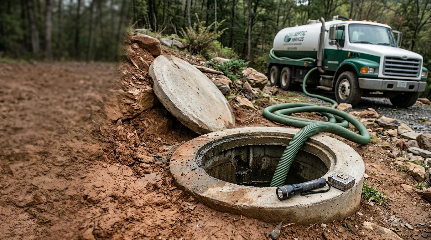 A septic tank access lid open in a grassy yard on a rural Northeast Tennessee property, with repair work visible on the tank wall and inlet pipe. A technician and heavy equipment are positioned nearby on a sloped lot typical of the Johnson City, TN area.