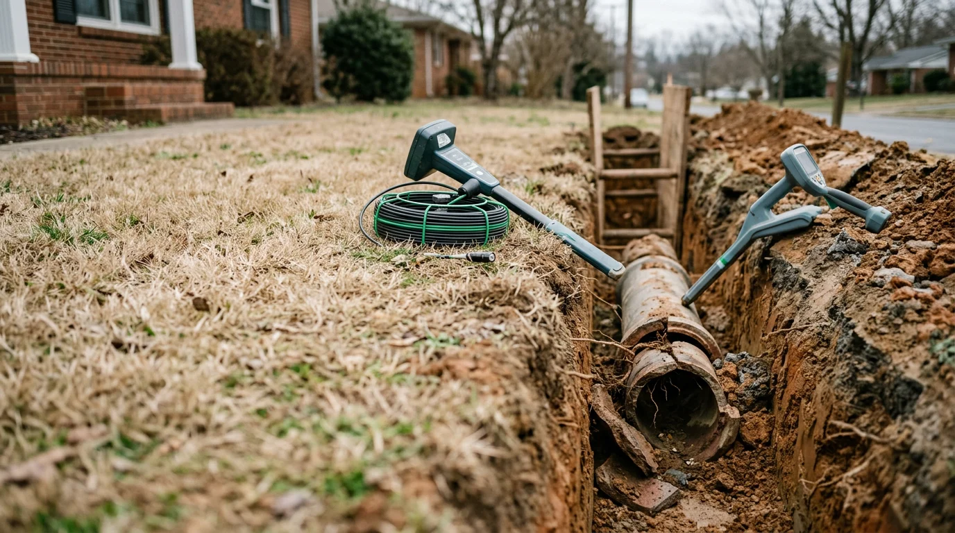 A sewer line excavation in a residential yard in Johnson City, Tennessee, showing a damaged clay pipe section being accessed for repair. The surrounding soil reflects the clay-heavy ground conditions common across the Tri-Cities region.