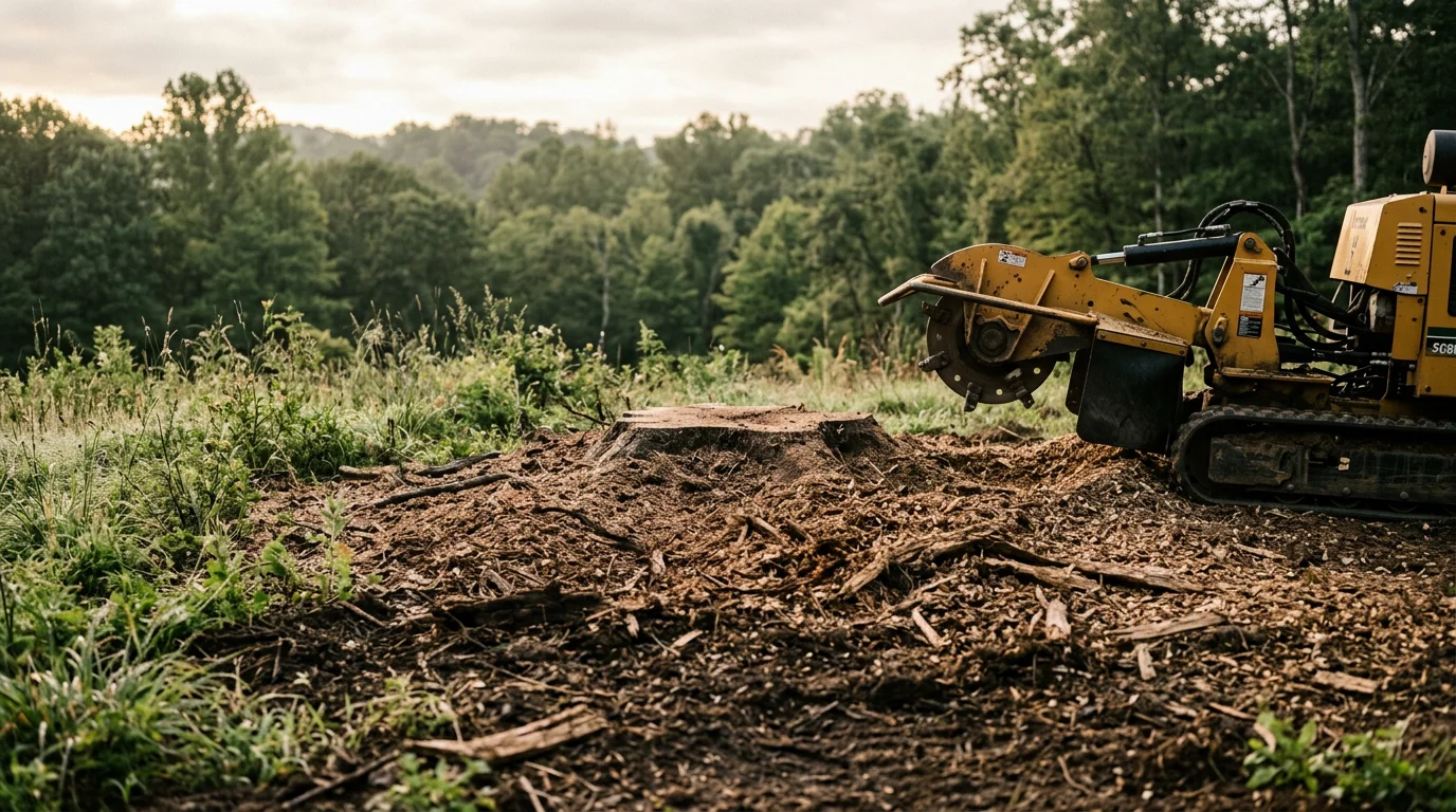 A freshly ground tree stump reduced to a flat bed of wood chips in a residential yard in Johnson City, TN. The surrounding lawn is undisturbed and the area is ready for replanting or lawn restoration.