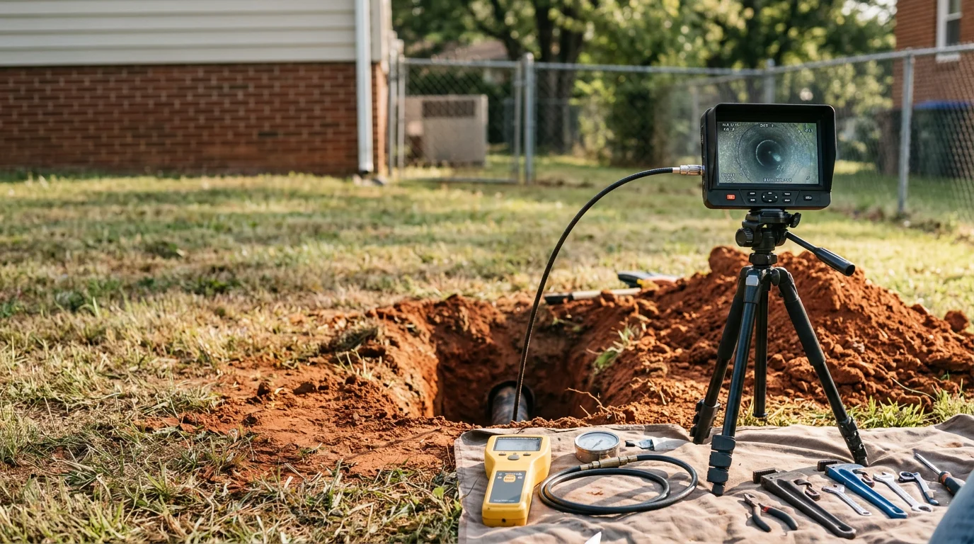 A plumber from MVP Plumbing inspecting an underground water line at a residential property in Johnson City, Tennessee. The image shows exposed pipe near the foundation being evaluated for corrosion and pressure issues.