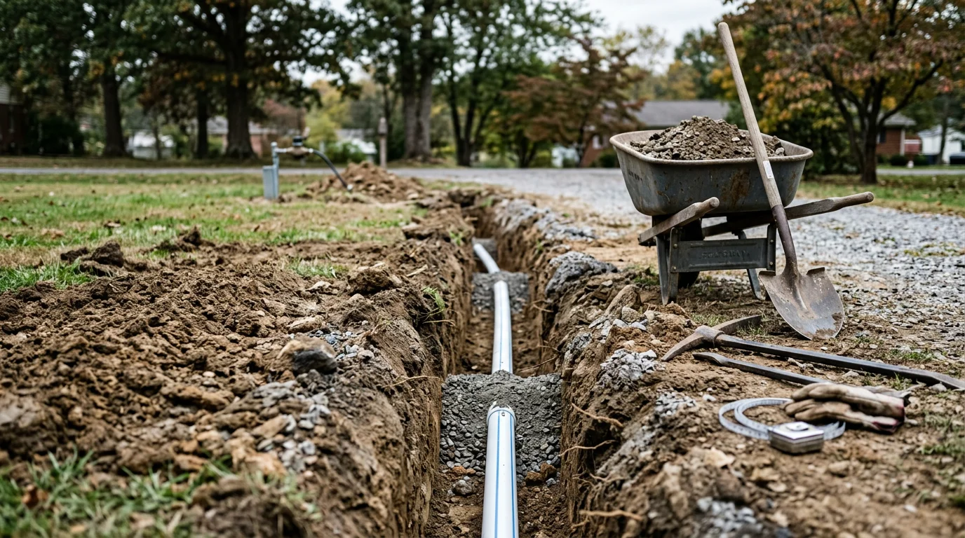 A freshly excavated trench on a residential property in Johnson City, Tennessee, with a new water line laid in compacted bedding material before backfill. A small excavator sits nearby on a clay and rocky soil site typical of the Northeast Tennessee region.