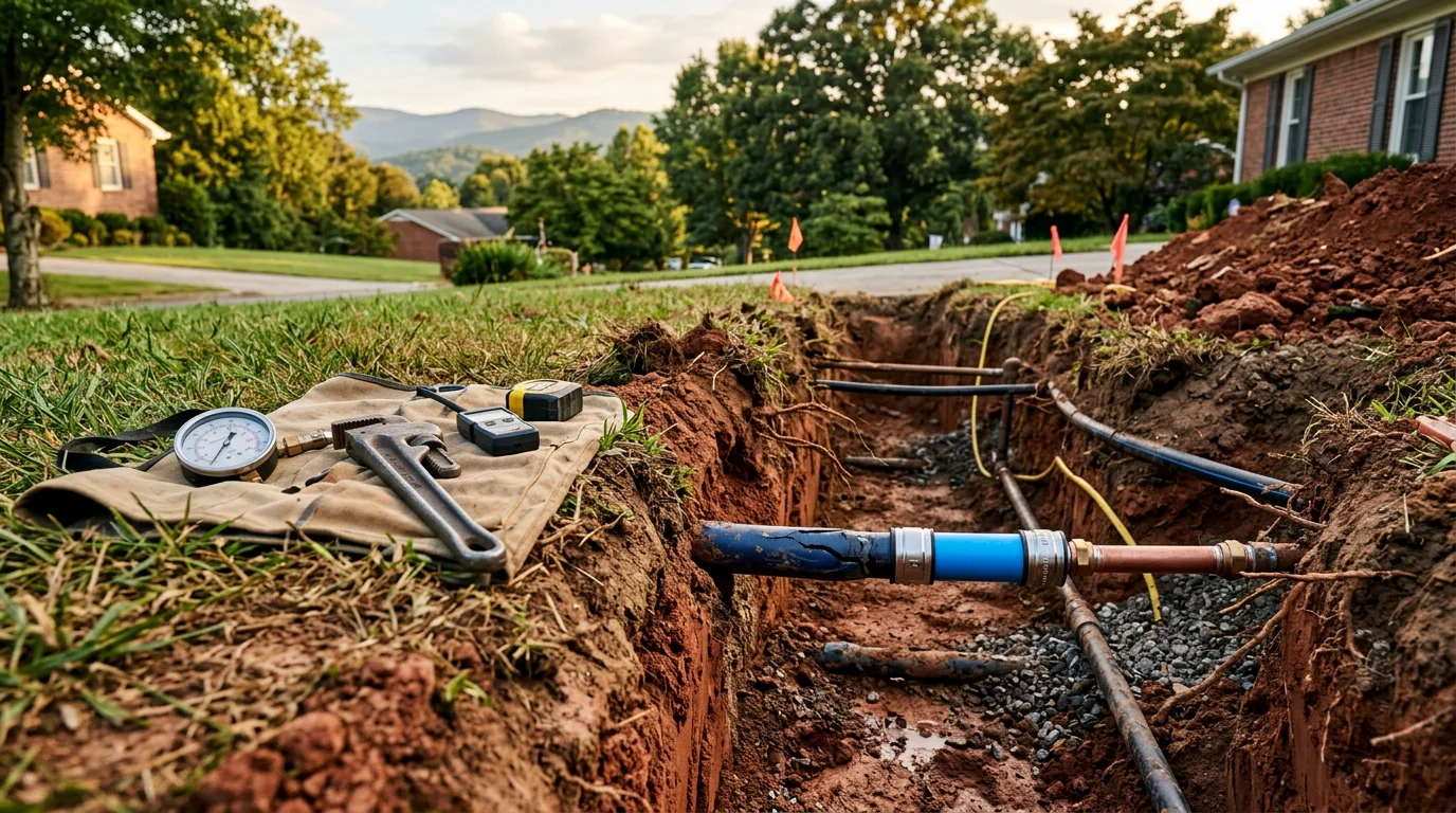 A plumber repairing an exposed underground water line in a residential yard in Johnson City, Tennessee. The excavated trench shows the damaged pipe section being addressed on a single-family home property.