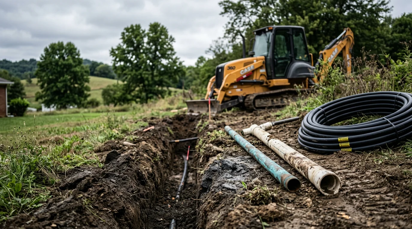 A freshly excavated trench in a residential yard in Johnson City, Tennessee, showing an old water line being removed and replaced with new pipe. A piece of heavy equipment is staged nearby on the property.